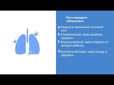 Пути передачи туберкулеза Воздушно-капельный, основной путь Алиментарный, через пищевые продукты Внутриутробный, через