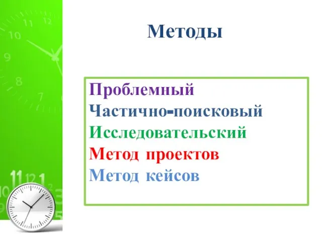 Методы Проблемный Частично-поисковый Исследовательский Метод проектов Метод кейсов