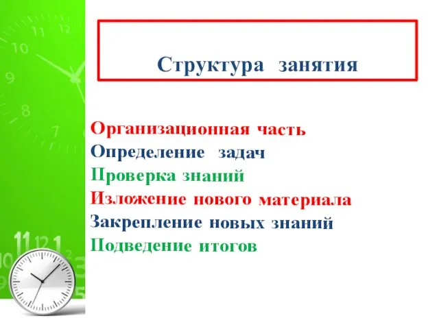 Структура занятия Организационная часть Определение задач Проверка знаний Изложение нового материала Закрепление новых знаний Подведение итогов