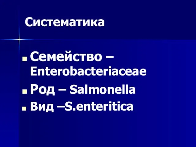 Систематика Семейство – Enterobacteriaceae Род – Salmonella Вид –S.enteritica