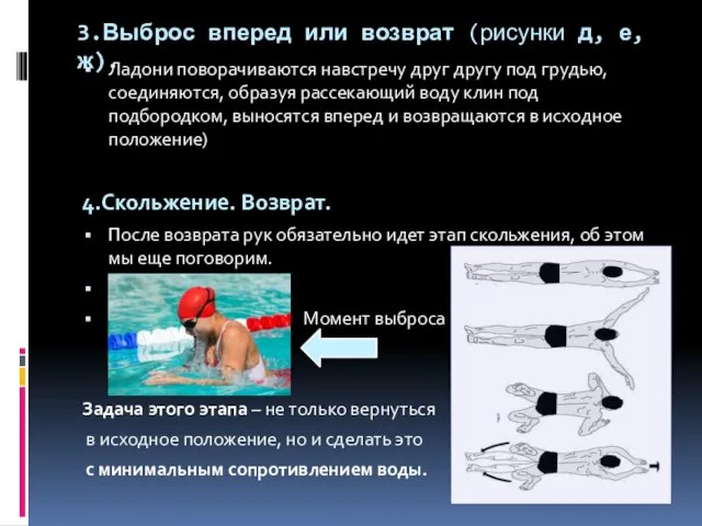 3.Выброс вперед или возврат (рисунки д, е, ж). Ладони поворачиваются навстречу друг