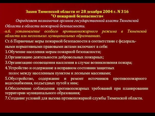Закон Тюменской области от 28 декабря 2004 г. N 316 "О пожарной