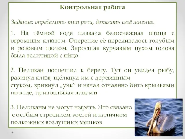 Контрольная работа Задание: определить тип речи, доказать своё мнение. 1. На тёмной