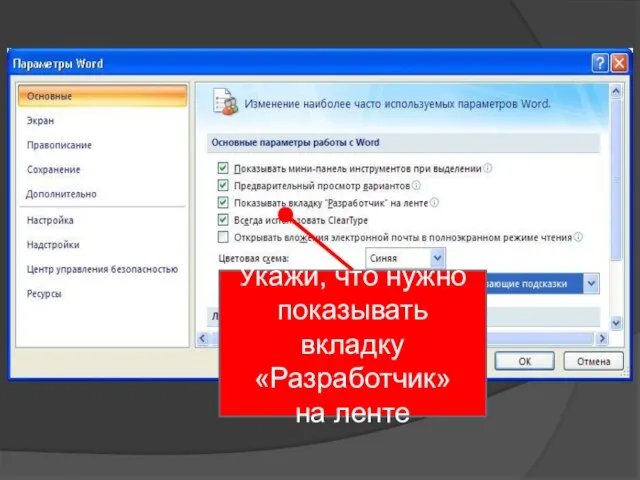 Укажи, что нужно показывать вкладку «Разработчик» на ленте