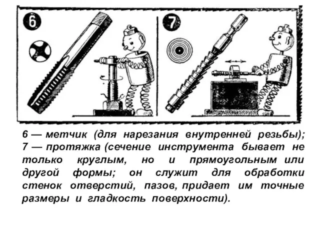 6 — метчик (для нарезания внутренней резьбы); 7 — протяжка (сечение инструмента