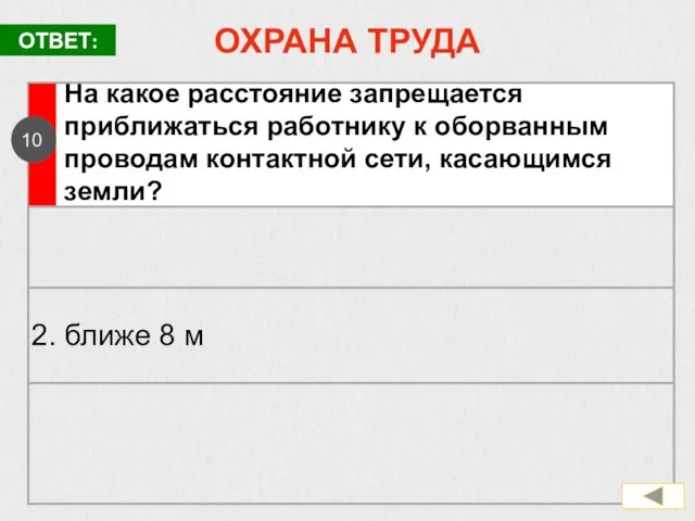 ОХРАНА ТРУДА На какое расстояние запрещается приближаться работнику к оборванным проводам контактной