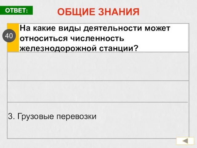 ОБЩИЕ ЗНАНИЯ На какие виды деятельности может относиться численность железнодорожной станции? 3. Грузовые перевозки ОТВЕТ: