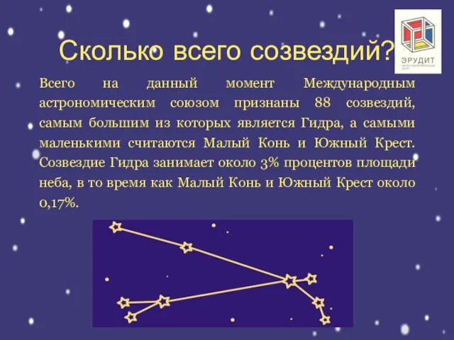 Сколько всего созвездий? Всего на данный момент Международным астрономическим союзом признаны 88