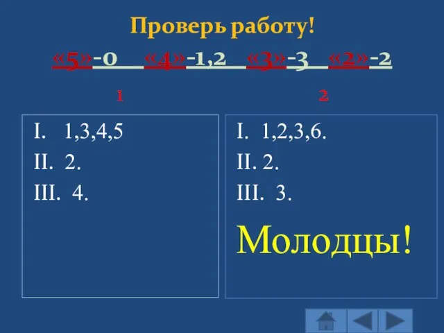 Проверь работу! «5»-0 «4»-1,2 «3»-3 «2»-2 1 2 I. 1,3,4,5 II. 2.