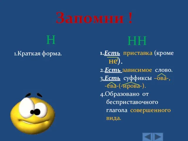 Запомни ! Н НН 1.Краткая форма. 1.Есть приставка (кроме не). 2.Есть зависимое