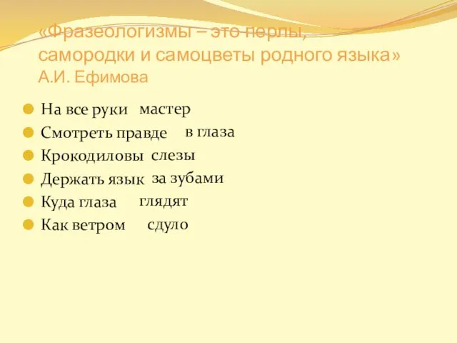 «Фразеологизмы – это перлы, самородки и самоцветы родного языка» А.И. Ефимова На