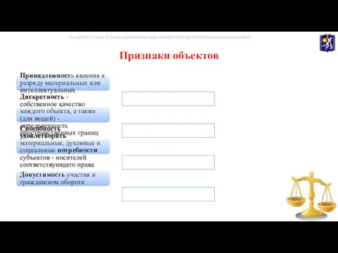 Признаки объектов Принадлежность явления к разряду материальных или интеллектуальных Дискретность - собственное