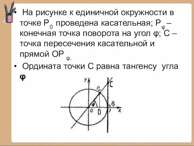 На рисунке к единичной окружности в точке P0 проведена касательная; Pφ –