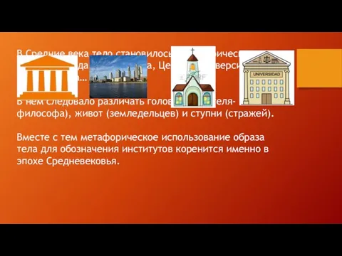 В Средние века тело становилось метафорическим образом государства, города, Церкви, университета, человечества…