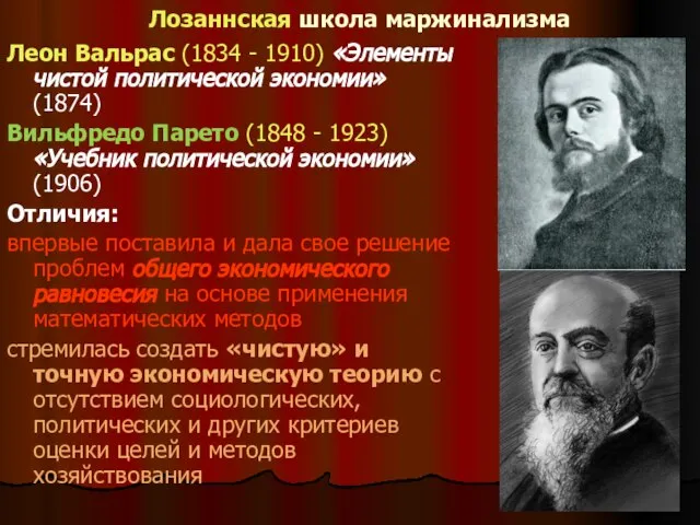 Лозаннская школа маржинализма Леон Вальрас (1834 - 1910) «Элементы чистой политической экономии»