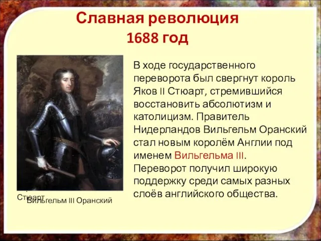 Славная революция 1688 год Король Яков II Стюарт В ходе государственного переворота