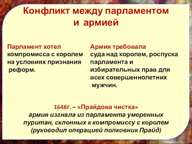 Конфликт между парламентом и армией Армия требовала суда над королем, роспуска парламента