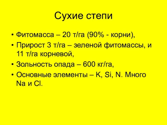 Сухие степи Фитомасса – 20 т/га (90% - корни), Прирост 3 т/га