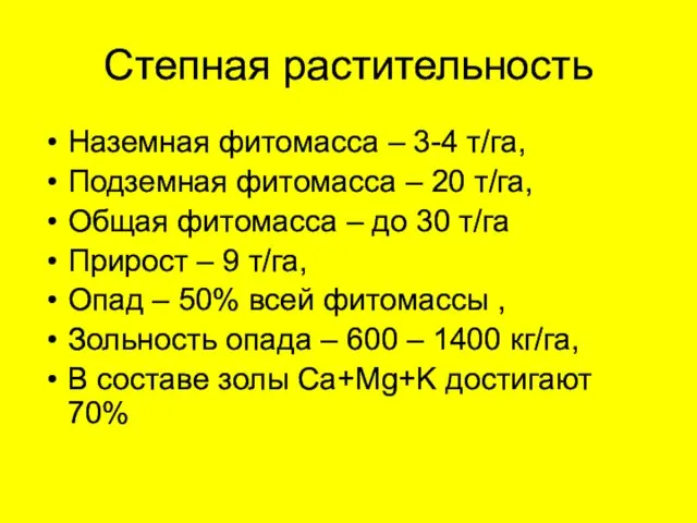 Степная растительность Наземная фитомасса – 3-4 т/га, Подземная фитомасса – 20 т/га,