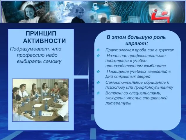 ПРИНЦИП АКТИВНОСТИ Подразумевает, что профессию надо выбирать самому ; ; В этом