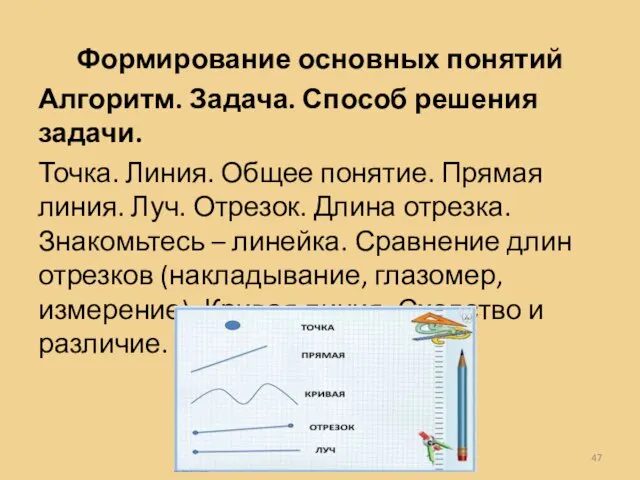 Формирование основных понятий Алгоритм. Задача. Способ решения задачи. Точка. Линия. Общее понятие.