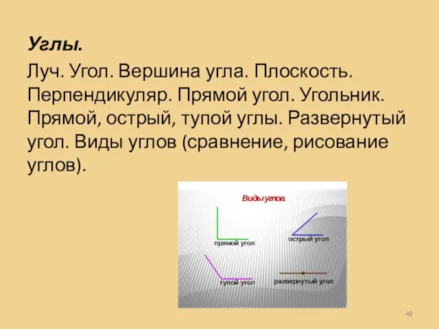 Углы. Луч. Угол. Вершина угла. Плоскость. Перпендикуляр. Прямой угол. Угольник. Прямой, острый,