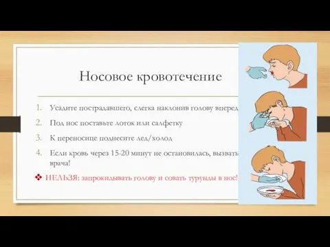 Носовое кровотечение Усадите пострадавшего, слегка наклонив голову вперед Под нос поставьте лоток