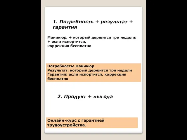 1. Потребность + результат + гарантия Маникюр, + который держится три недели: