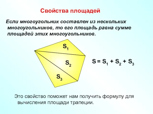 Свойства площадей Если многоугольник составлен из нескольких многоугольников, то его площадь равна