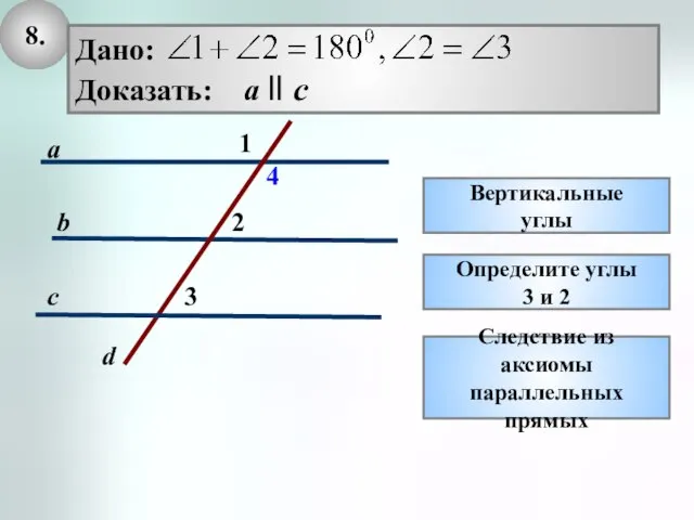 8. Вертикальные углы c d a b Определите углы 3 и 2