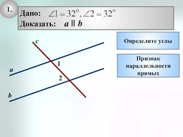 1. Определите углы Признак параллельности прямых 2 1 с а b