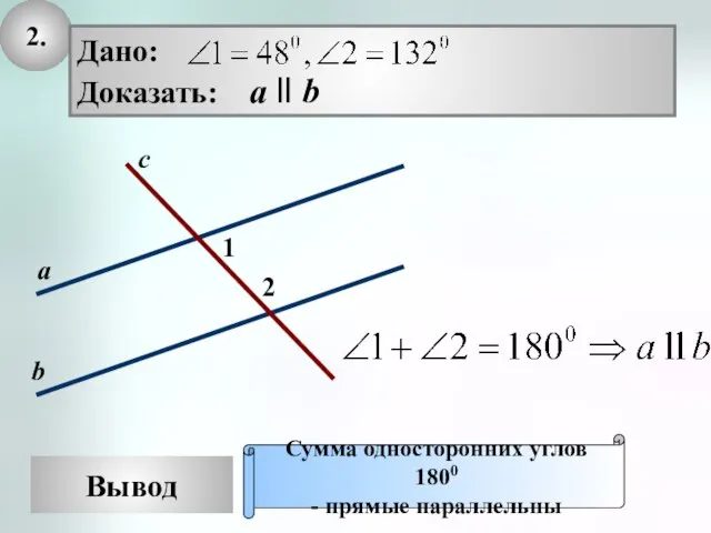 2. Вывод Сумма односторонних углов 1800 - прямые параллельны 2 1 с а b