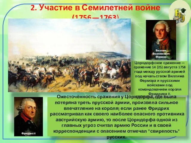 2. Участие в Семилетней войне (1756—1763) Виллим Виллимович Фермор Фридрих II Сражение