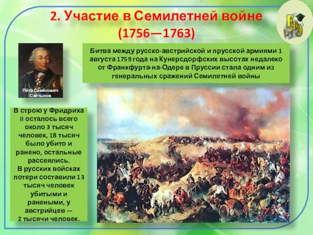 2. Участие в Семилетней войне (1756—1763) Пётр Семёнович Салтыков Битва между русско-австрийской