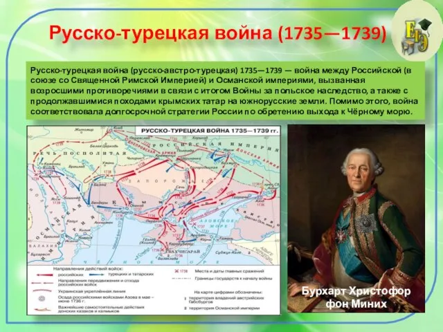 Русско-турецкая война (1735—1739) Русско-турецкая война (русско-австро-турецкая) 1735—1739 — война между Российской (в