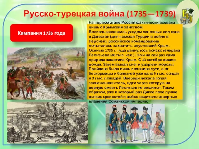 Русско-турецкая война (1735—1739) Кампания 1735 года На первом этапе Россия фактически воевала