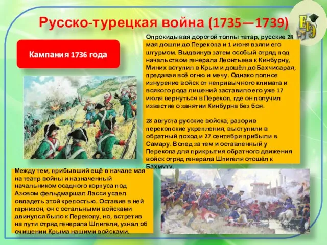 Русско-турецкая война (1735—1739) Кампания 1736 года Опрокидывая дорогой толпы татар, русские 28