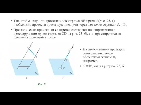 Так, чтобы получить проекцию А'B' отрезка АВ прямой (рис. 25, а), необходимо