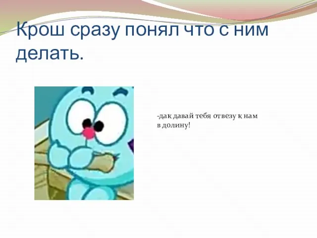 Крош сразу понял что с ним делать. -дак давай тебя отвезу к нам в долину!