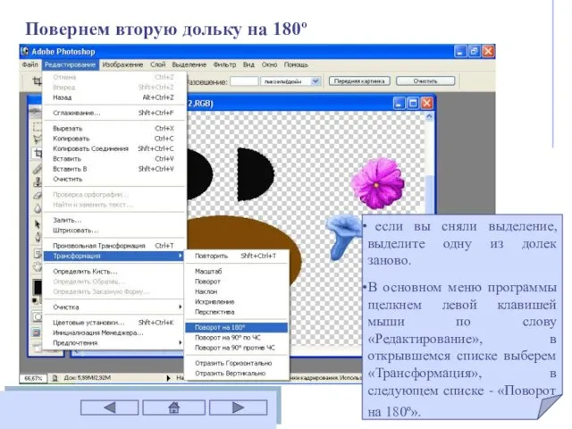 Повернем вторую дольку на 180º если вы сняли выделение, выделите одну из