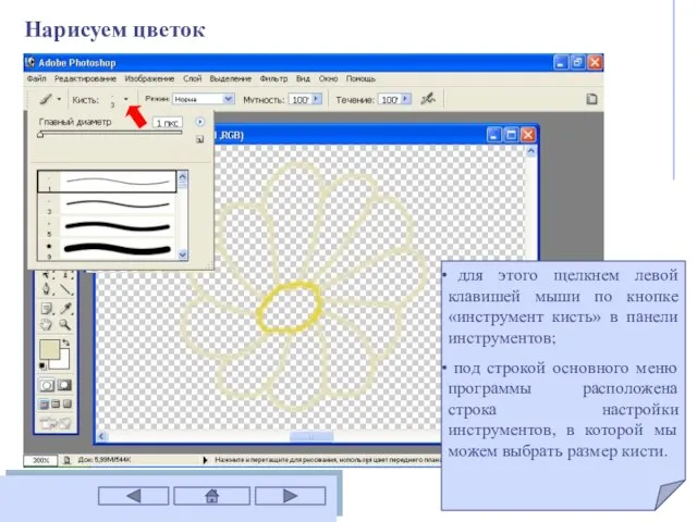 для этого щелкнем левой клавишей мыши по кнопке «инструмент кисть» в панели