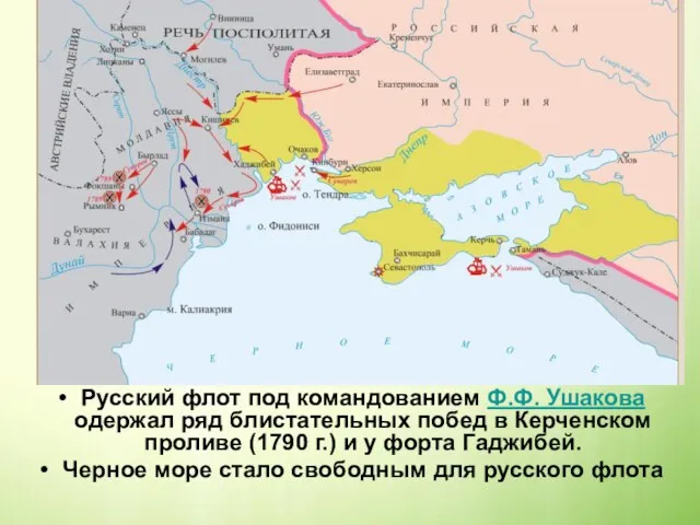 Русский флот под командованием Ф.Ф. Ушакова одержал ряд блистательных побед в Керченском
