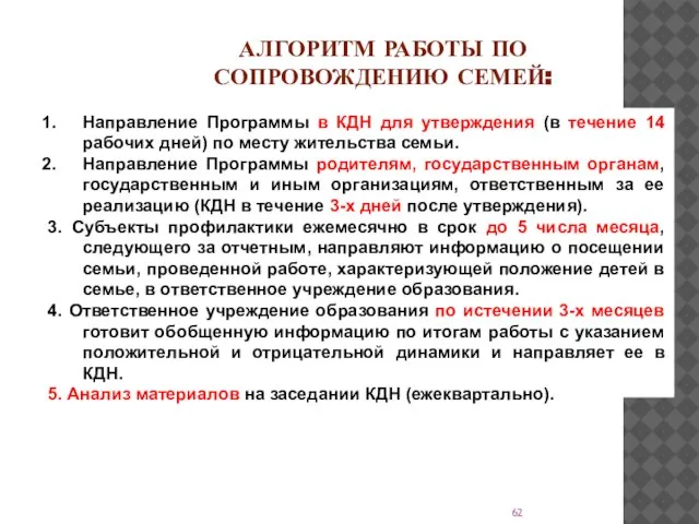 АЛГОРИТМ РАБОТЫ ПО СОПРОВОЖДЕНИЮ СЕМЕЙ: Направление Программы в КДН для утверждения (в