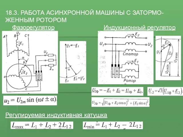 18.3. РАБОТА АСИНХРОННОЙ МАШИНЫ С ЗАТОРМО-ЖЕННЫМ РОТОРОМ Фазорегулятор Индукционный регулятор Регулируемая индуктивная катушка