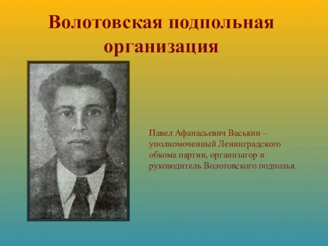 Волотовская подпольная организация Павел Афанасьевич Васькин – уполномоченный Ленинградского обкома партии, организатор и руководитель Волотовского подполья.