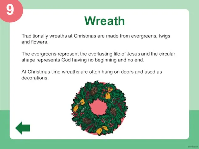 Wreath Traditionally wreaths at Christmas are made from evergreens, twigs and flowers.