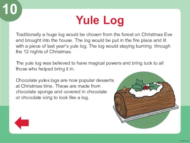 Yule Log Traditionally a huge log would be chosen from the forest