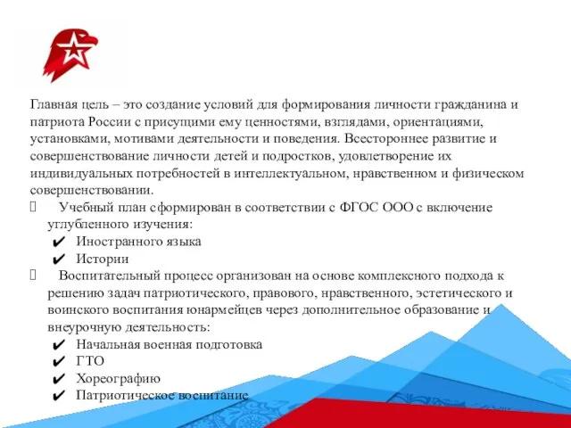 Главная цель – это создание условий для формирования личности гражданина и патриота