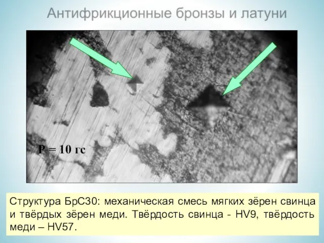 Структура БрС30: механическая смесь мягких зёрен свинца и твёрдых зёрен меди. Твёрдость