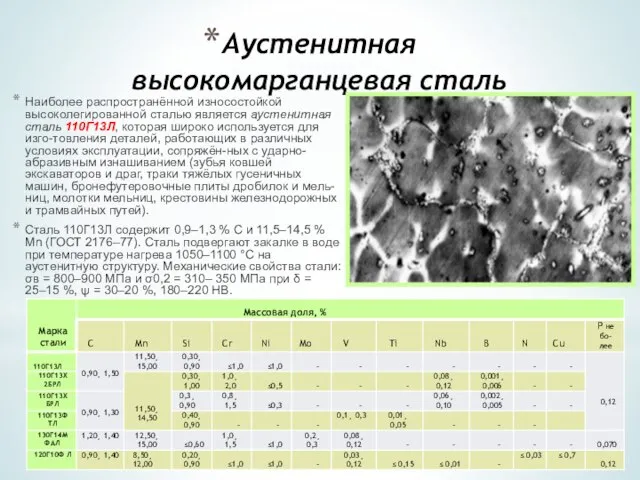 Аустенитная высокомарганцевая сталь Наиболее распространённой износостойкой высоколегированной сталью является аустенитная сталь 110Г13Л,